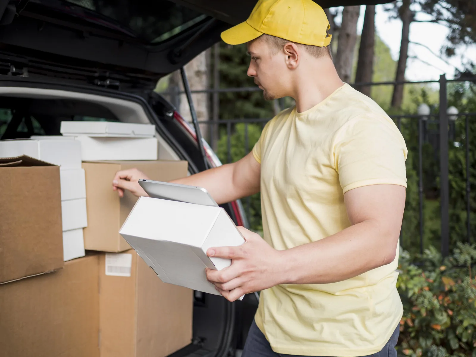 Möbel und Elektrogeräte werden in einen Transporter geladen